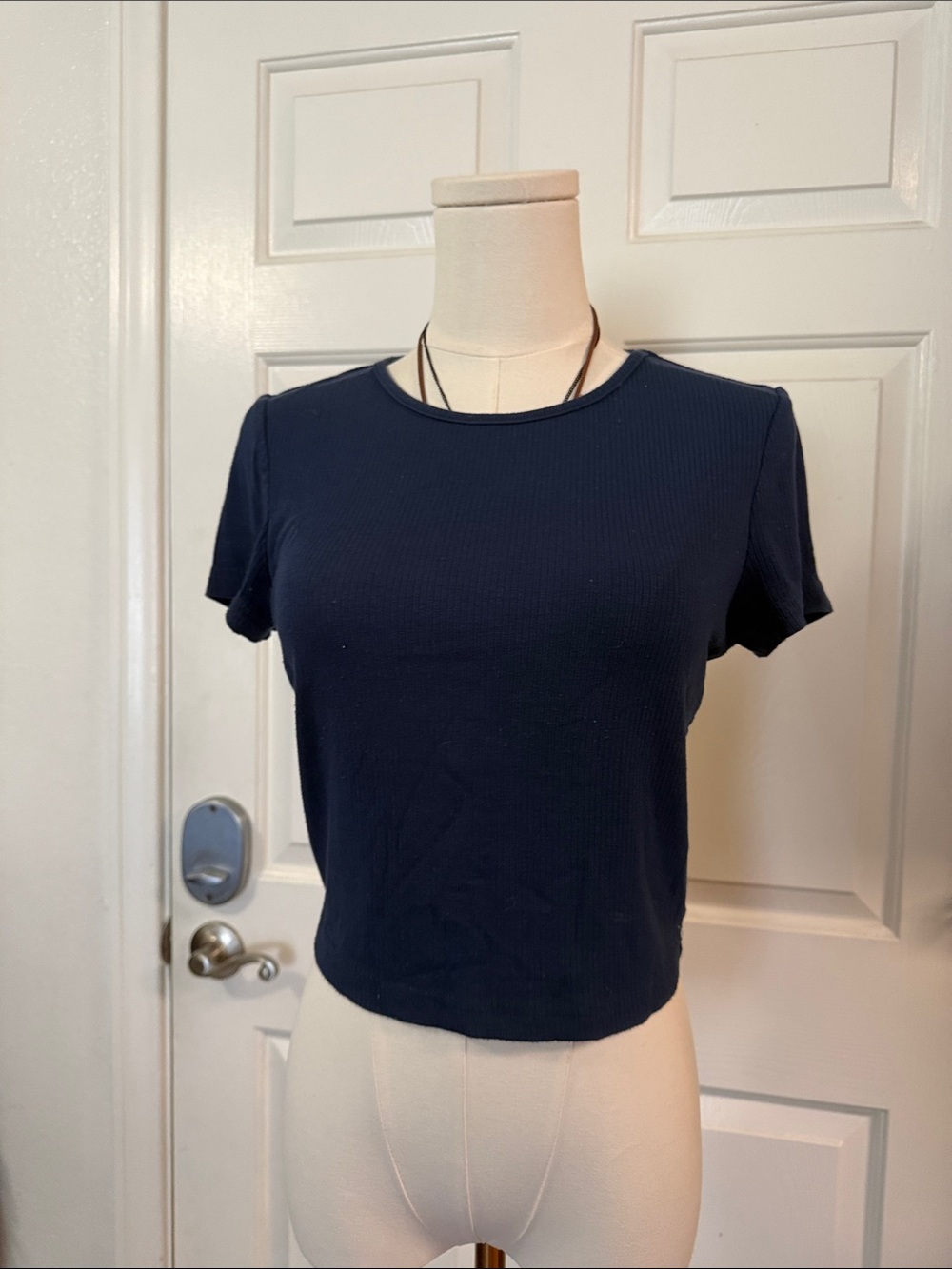 SHEIN Navy Ribbed Short Sleeve Crop Top